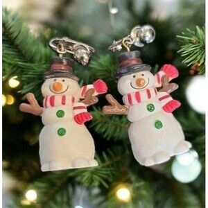 Vintage Adorable Smiling Snowman With Top Hat Dangle Clip On Earrings  Plastic